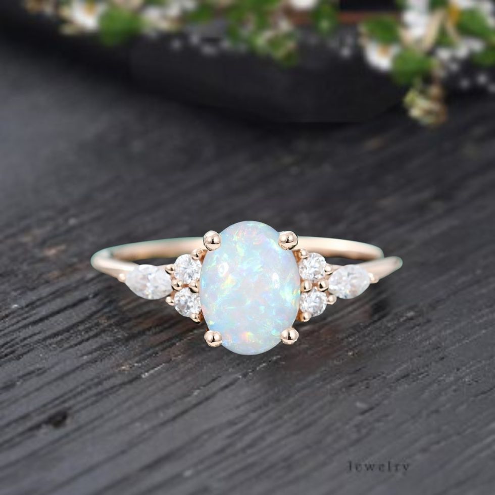 Oval Natural opal engagement ring vintage unique Cluster 14k rose gold engagement ring Marquise opal wedding Bridal art deco Anniversary